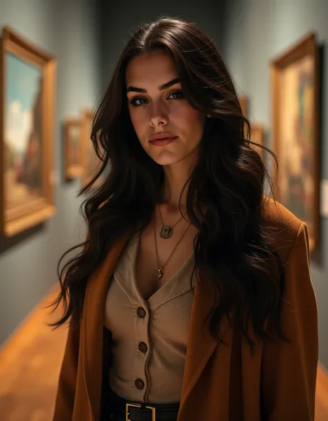 Beautiful Latina woman exploring an art museum, full body shot, long flowing dark hair cascading over her shoulders, stunning green eyes filled with curiosity, wearing a chic outfit that reflects her artistic style, admiring a painting with a thoughtful ex...