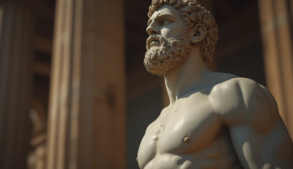 Closeup of a stoic Greek sculpture, virile physiques showcased prominently from the forefront, undeniably reminiscent of a statue of Marcus Aurelius or Zeus, muscle sinews intricately carved in stone, dominant Greek columns obscured gently in the backgroun...