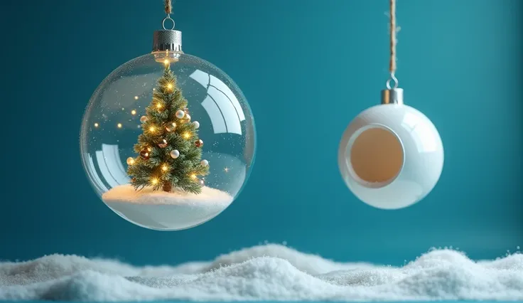 A Christmas-themed image where blue , on the left side a hanging sphere with a Christmas tree inside and on the left side a small hanging sphere of white color but inside that is empty.