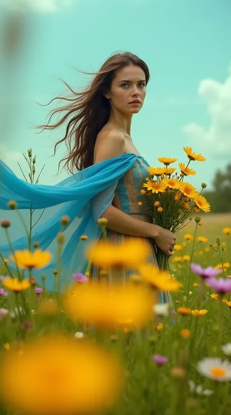 A very beautiful Ukrainian young woman standing in the middle of a field, wild flowers.