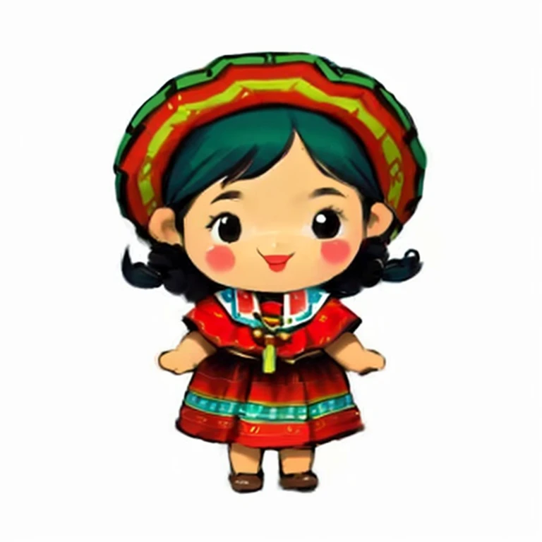 a cartoon girl in a Mexican dress with a hat, Quechua!!, Quechua!, She is Mexican, mexican, still style,  in the artistic style of Quetzecoatl ,  Bolivian cholitas , folkloric, change, mexican folklore, Peruvian aspect,  vanellope von Schweetz, pretty woma...