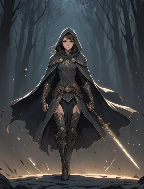 graphic novels illustration style, full body, dark fantasy, sketch, roughs, female, cloak, holy warrior, double daggers, intricate design, dark fantasy background, rim lighting