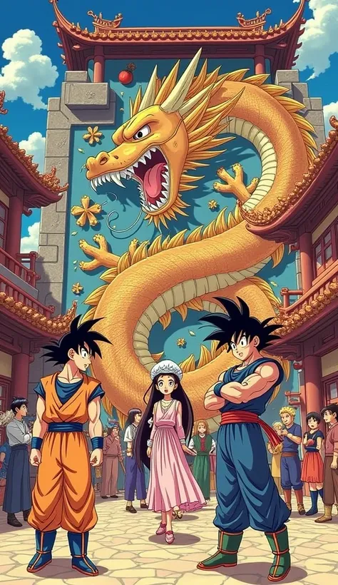 cartoon characters in a chinese building with a dragon on the wall, dragon ball concept art, by Akira Toriyama, anime cel, dragon ball, dragonball, production animation cel, akira toriyama style, art of akira toriyama, toriyama akira, an retro anime image,...