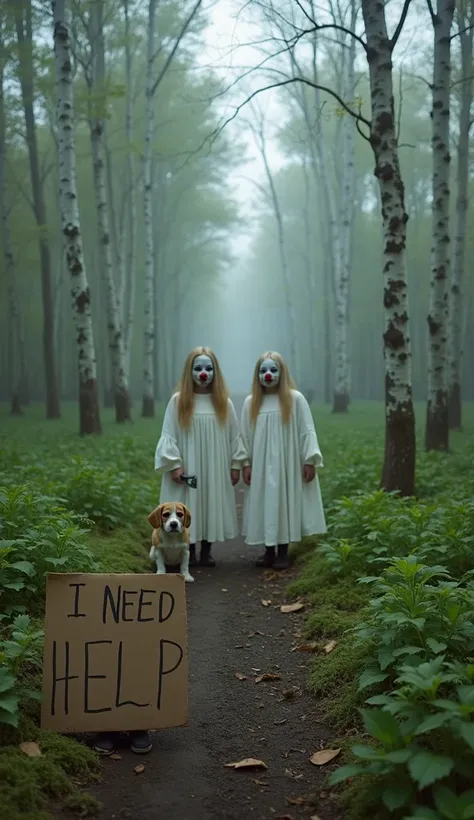 "The image portrays a haunting yet captivating scene set in a dense forest. In the foreground, there is a small beagle puppy looking directly at the viewer with a poignant expression of vulnerability. It is sitting beside a crudely made cardboard sign that...