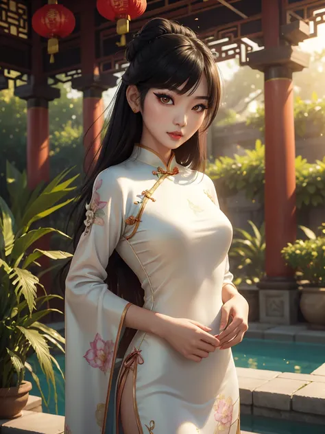 soft_light, (((soft lighting, Masterpiece portrait of Asian goth beauty wearing Cheongsam|bikini))) standing in A cozy small garden pool of an ancient Alhambra building, Persia-inspired, colorful pillows, and carpets, by Greg Rutkowski dynamic lighting hyp...