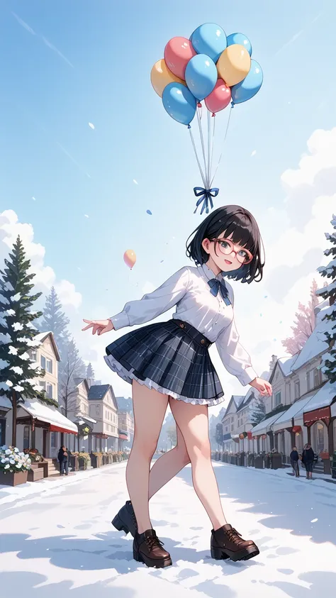 Black hair, glasses, frilly shirt, checked skirt, BREAK, balloon art, winter flower park