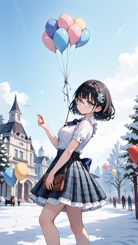 Black hair, glasses, frilly shirt, checked skirt, BREAK, balloon art, winter flower park