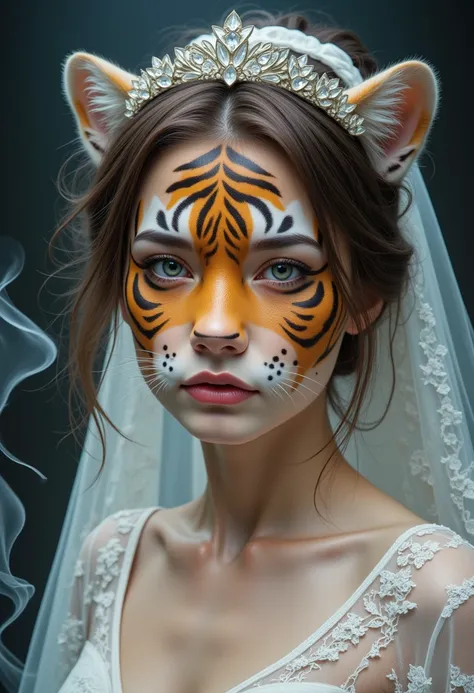 A bride is a woman and her face is made in the shape of a tiger 