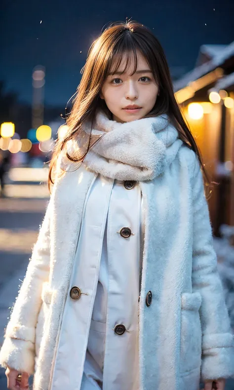 (  white winter clothes、Admire the night sky in a frigid region、Wearing a fluffy scarf 、Her breath is white expression 、A woman looking at the starry sky、 Night Background 、that&#39;Outside at night)、(    plump breasts 、  Completely naked  、   Open your le...