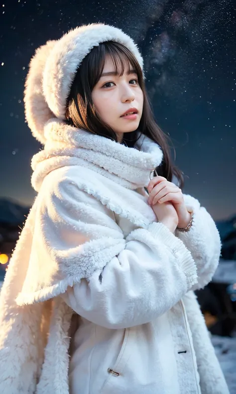 (  white winter clothes、Admire the night sky in a frigid region、Wearing a fluffy scarf 、Her breath is white expression 、A woman looking at the starry sky、 Night Background 、that&#39;Outside at night)、(    plump breasts 、  Completely naked  、   Open your le...