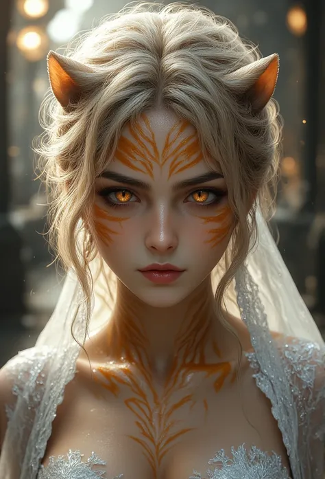 A bride is a woman and her face is made in the shape of a tiger 