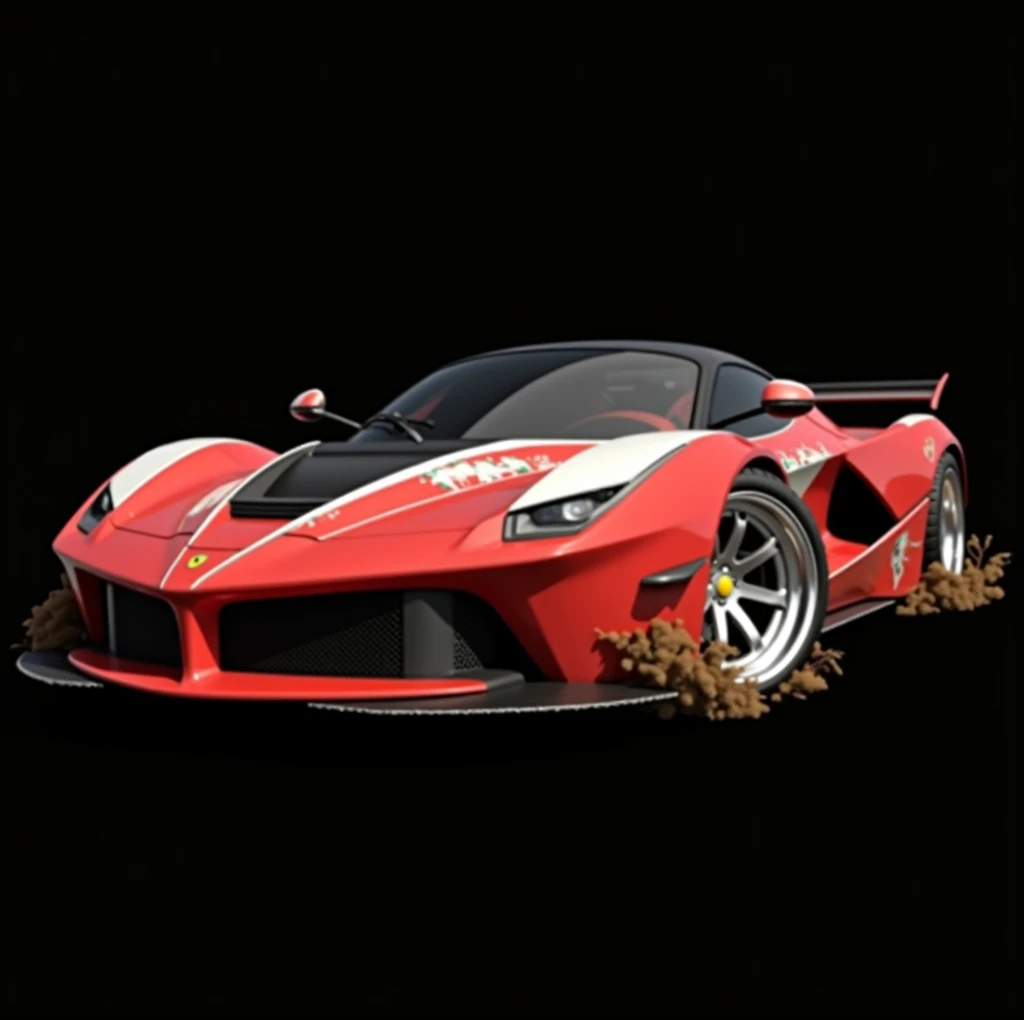 " Turn this Ferrari FXX-K into a Rally style car,  add wide fenders ,  additional front lights ,  off-road tires , high suspension ,  and a paint design with mud and wear "