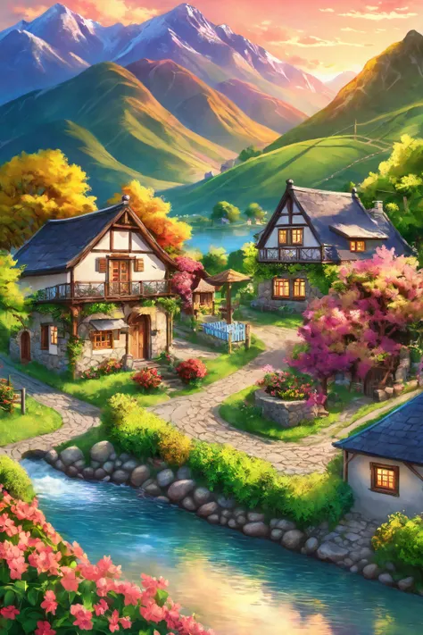 a small village by the river, mountains in the background, floral flowers colorful, detailed landscape, Beautiful natural landscapes, atmospheric lighting, scorching sunset, warm colours, practical, photopractical, Detailed Foliage, complex buildings, cobb...