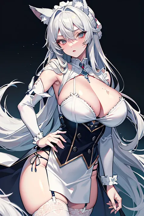 best qualtiy，tmasterpiece，The is very detailed，4K，Gray hair and shallow eyes，Drag cool expressions，Wolf ears，Erect scar on the left eye，British style，1girl，Absolutely beautiful, huge breasts, white costume, animal ear Scrunchie