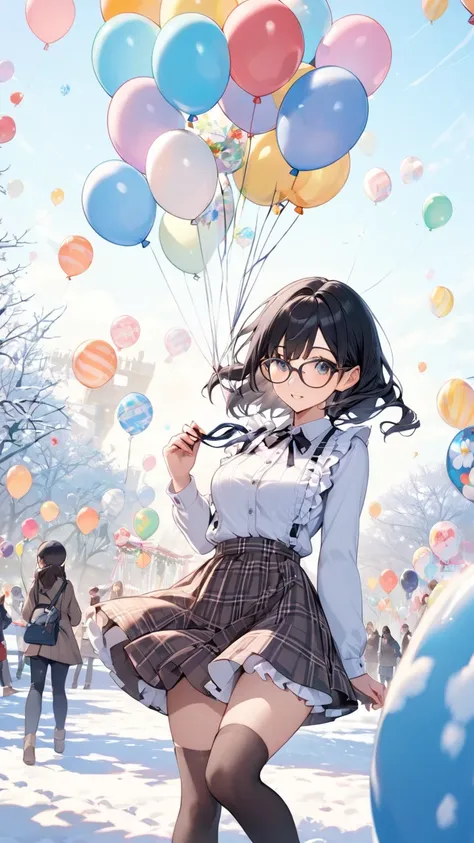 Black hair, glasses, frilly shirt, checked skirt, BREAK, balloon art, winter flower park