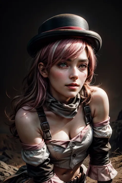 pink and brown hair, multicolored hair, neopolitanatlas, bowler hat, grey scarf, white gloves, white shirt, off-shoulder shirt, black sleeves, midriff, white belt, black skirt, smile, kneeling on a hill, mountain range in the background, cowboy shot, maste...