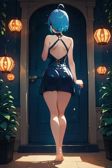 A 4k resolution image of a voluptuous woman with blue hair and piercing blue-green eyes stands outside on the patio of an upscale party, her thick thighs and ass straining against her tight dress. The fabric clings to every curve of her body, highlighting ...