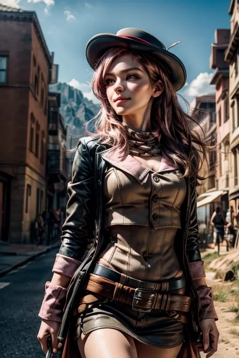 pink and brown hair, multicolored hair, neopolitanatlas, bowler hat, dress, belts, smile, walking on a hill, mountain range in the background, cowboy shot, masterpiece, heart shaped face, elegant face, beautiful face, highly detailed face, highly detailed ...