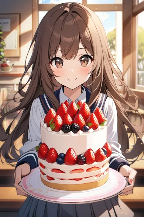 1girl, solo, long hair, looking at viewer, smile, brown hair, bow, brown eyes, school uniform, food, fruit, cake, strawberry