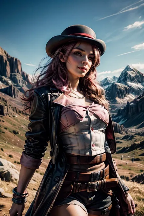 pink and brown hair, multicolored hair, neopolitanatlas, bowler hat, dress, belts, smile, walking on a hill, mountain range in the background, cowboy shot, masterpiece, heart shaped face, elegant face, beautiful face, highly detailed face, highly detailed ...