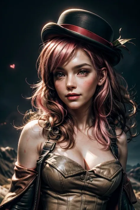 pink and brown hair, multicolored hair, neopolitanatlas, bowler hat, dress, belts, smile, walking on a hill, mountain range in the background, cowboy shot, masterpiece, heart shaped face, elegant face, beautiful face, highly detailed face, highly detailed ...