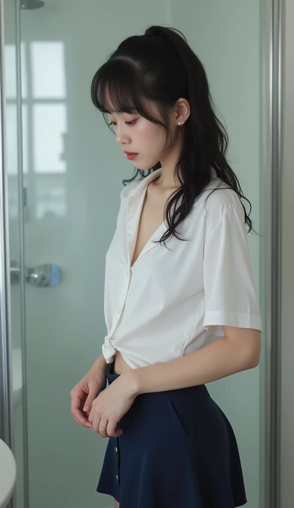  Korean woman, age 18  , Wear a white short-sleeved shirt ,  wearing a short skirt, dark blue  , Wearing a black belt  , , buttoned, revealing the skin of the body  , นมใหญ่ , White skin , Wet shirt ,  in the bathroom