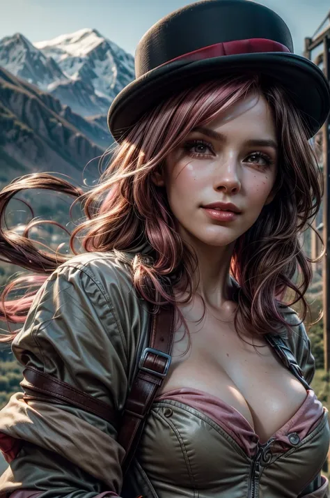 pink and brown hair, multicolored hair, neopolitanatlas, bowler hat, dress, belts, smile, walking on a hill, mountain range in the background, cowboy shot, masterpiece, heart shaped face, elegant face, beautiful face, highly detailed face, highly detailed ...