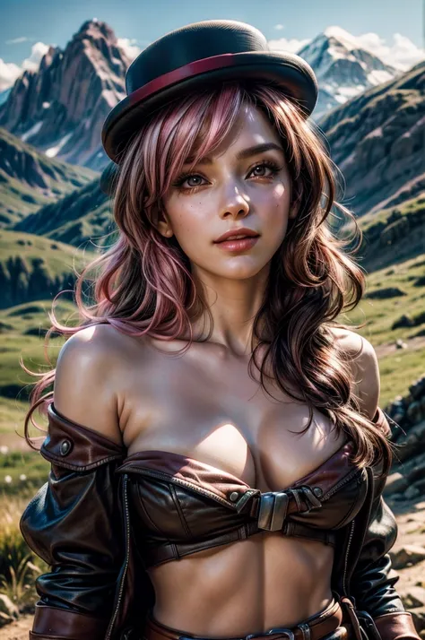 pink and brown hair, multicolored hair, neopolitanatlas, bowler hat, dress, belts, smile, walking on a hill, mountain range in the background, cowboy shot, masterpiece, heart shaped face, elegant face, beautiful face, highly detailed face, highly detailed ...