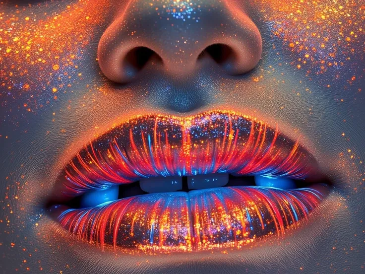 A photograph of a womans luminescent face with vibrant, glowing makeup. Her skin is covered in bright orange, red, and blue colors, creating a striking contrast with her natural skin tone. The makeup is heavily applied, with a focus on the eyes and lips, t...