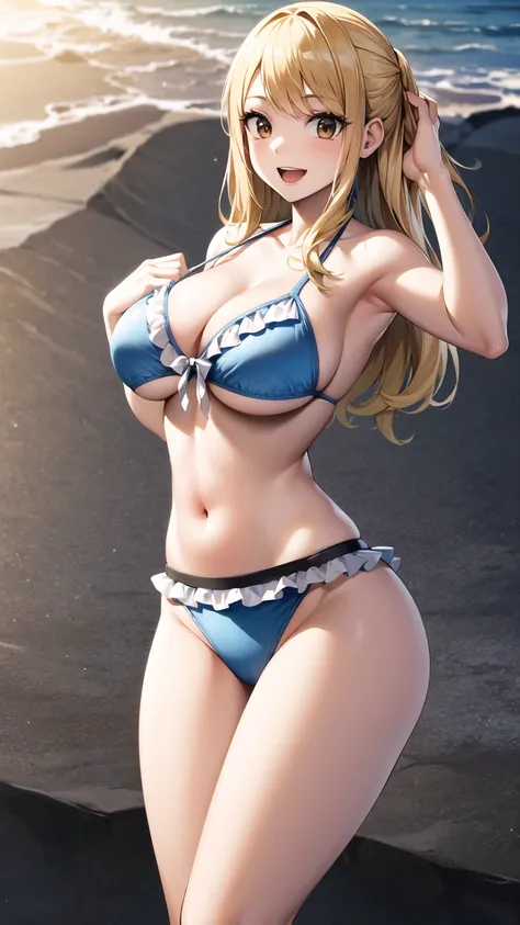 masterpiece, best quality, highres, lucy heartfilia, blonde hair, long hair, large breasts, frilled bikini, beach, standing, cowboy shot, smile, open mouth, looking at viewer,