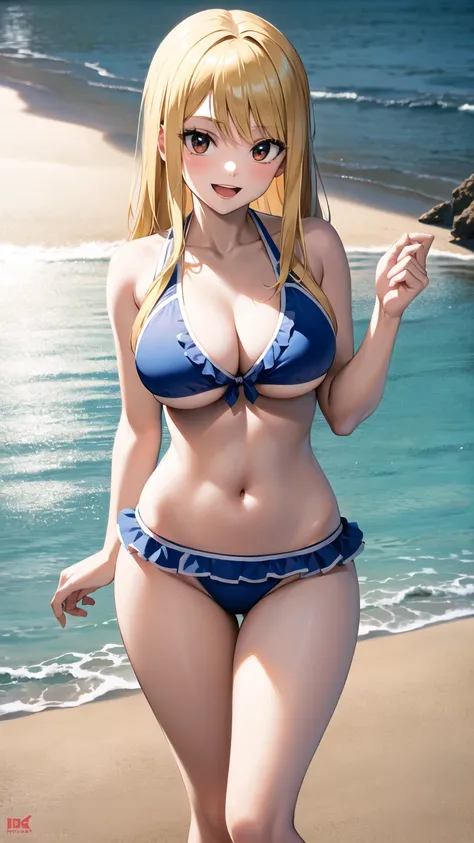 masterpiece, best quality, highres, lucy heartfilia, blonde hair, long hair, large breasts, frilled bikini, beach, standing, cowboy shot, smile, open mouth, looking at viewer,