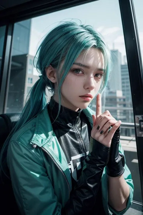  Hello I need you to draw an anime boy with long white hair with blue highlights cyan hairstyle with a ponytail the boy has futuristic cyberpunk clothes, The black fingernails are making a gesture of silence it is set in a futuristic building ANIME STYLE 