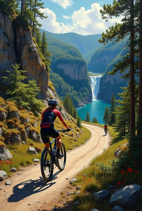 a beautiful woman donning vibrant Cycling Jersey, she is riding a gravel bike along a winding down hill bike track in the woods near a cliff with winding river, hyper photo realistic oil on canvas painting in Don Lawrence Style, best quality, high details,...