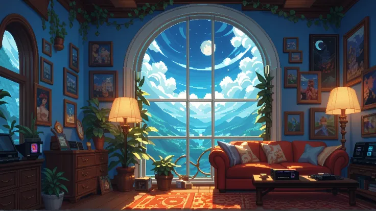 big room, big window right side,  pixel art, big moon outside window, night, fantasy, many record in shel, big tv, games, near future