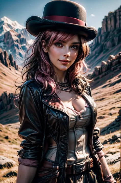 pink and brown hair, multicolored hair, neopolitanatlas, bowler hat, dress, belts, smile, walking on a hill, mountain range in the background, cowboy shot, masterpiece, heart shaped face, elegant face, beautiful face, highly detailed face, highly detailed ...