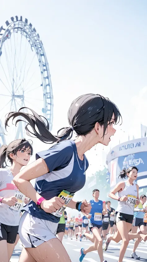 Black hair, ponytail, marathon, sweaty,