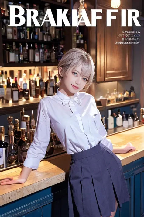 (from above:1.2,Best Quality),a girl , platinum color hair、(from above:1.2,Best Quality),a girl , platinum color hair、bartender uniform,Purplish blue eyes that dreamers desire, small stature, medium , Lori face, (masutepiece:1.2, Best Quality), (finely det...