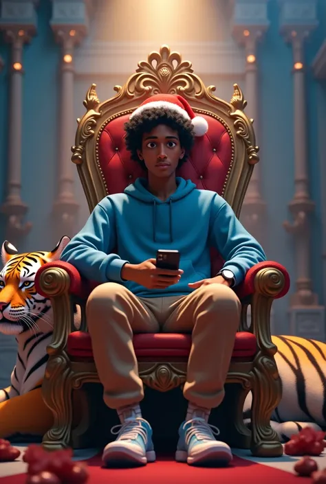 Disney inspired 3D poster/ Pixar capturing a scene of a dark-skinned 24-year-old man with wavy black hair. dark eye,  sitting on a throne wearing a blue sweatshirt without a zipper , khaki joggers and Christmas hat . 
Holding a black cell phone and next to...