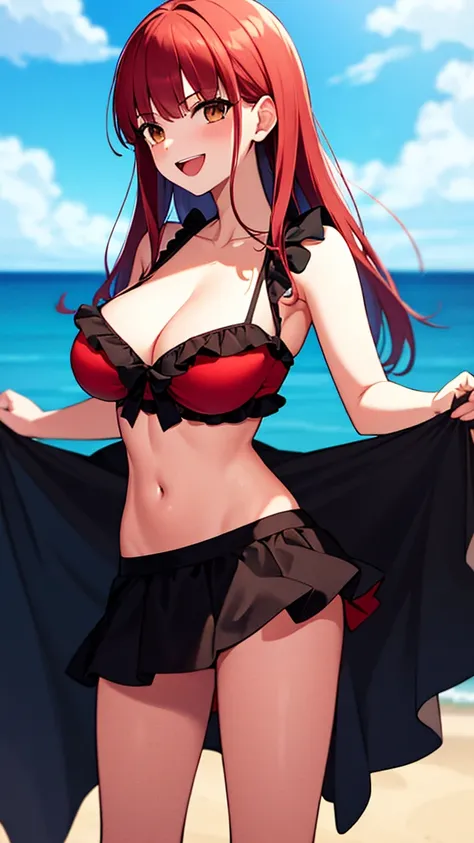 masterpiece, best quality, highres, girl, solo, looking at viewer, Shirou Emiya, Red hair, Brown Eyes, large breasts, frilled bikini, beach, standing, cowboy shot, smile, open mouth,