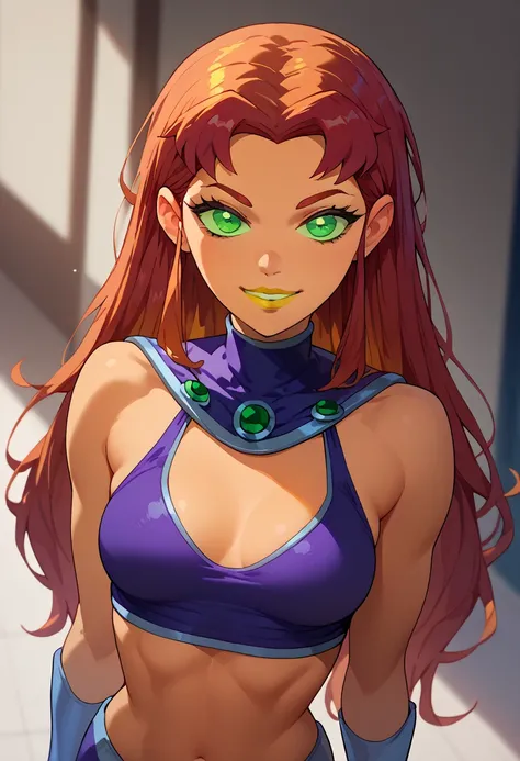 , anime style, orange skin, looking at viewer, teen titans, redhead, green eyes, breasts, smile, yellow lipstick, long hair,