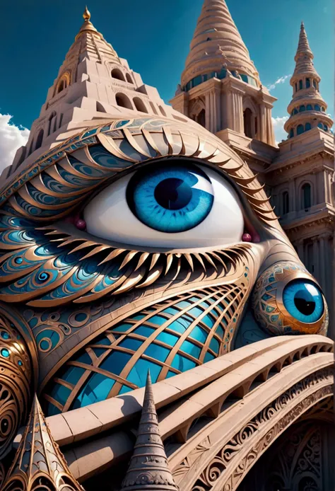 Abstract illustrations on monuments referring to eyes as if it had been made by AI