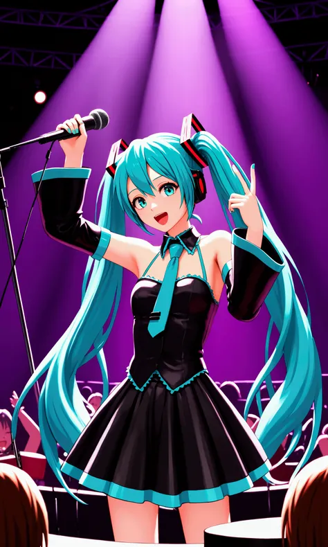 hatsune miku, vocaloid, twintails, aqua hair, aqua eyes, concert, singing, high quality, 4k, 8k, masterpiece