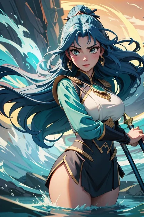 A divine depiction of Kushinada-hime as a river goddess, emanating an aura of grace and fierce determination. She stands poised by a roaring river, her sleek and elegant spear held firmly in her hand, glinting in the light of the setting sun. Her piercing,...