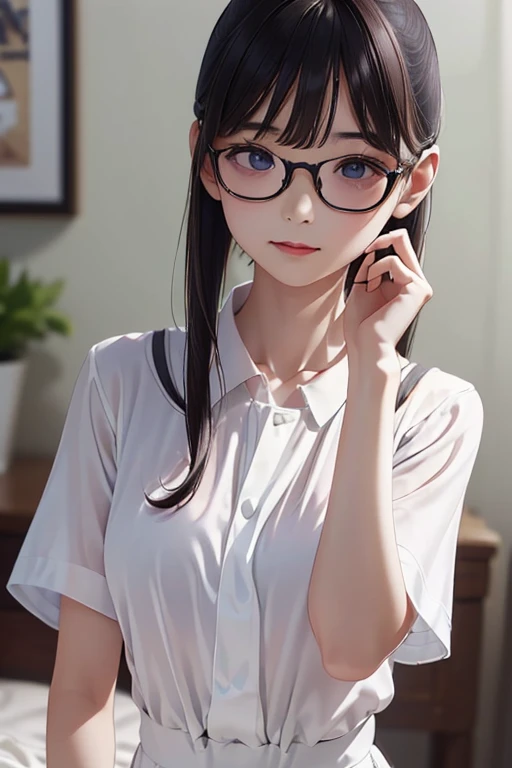 ((  top quality)), ((傑  top quality、 Masterpiece  、High sensitivity、  is high definition 、  Details、 Excellent facial depiction )),  Slender Woman、Glasses、Round Collar Shirt、   micro  with a pink lipstick in my right hand、Crouch down、