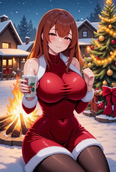 Anime dynamic Illustration, In a charming, snow-dusted village, a radiant woman named Mariela a crackling bonfire, lying on the ground, sexy christmas babe, wide hips and narrow waist, spreading festive cheer. Her long auburn hair cascades over her shoulde...