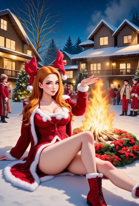 Anime dynamic Illustration, In a charming, snow-dusted village, a radiant woman named Mariela a crackling bonfire, lying on the ground, sexy christmas babe, wide hips and narrow waist, spreading festive cheer. Her long auburn hair cascades over her shoulde...