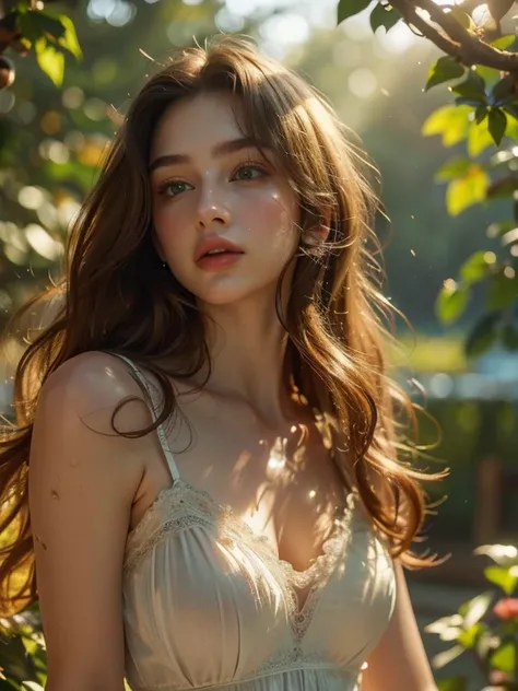 a gorgeous young european woman, 23 years old, standing in a lush summer garden, wearing a flowing white dress, long wavy brown hair, beautiful detailed eyes, beautiful detailed lips, extremely detailed face and skin, longeyelashes, serene expression, sunl...