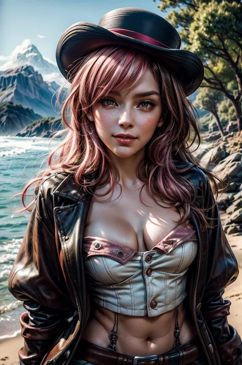 pink and brown hair, multicolored hair, neopolitanatlas, bowler hat, dress, belts, smile, sunny day, standing on a beach, near cliff, mountain range in the background, cowboy shot, masterpiece, heart shaped face, elegant face, beautiful face, highly detail...