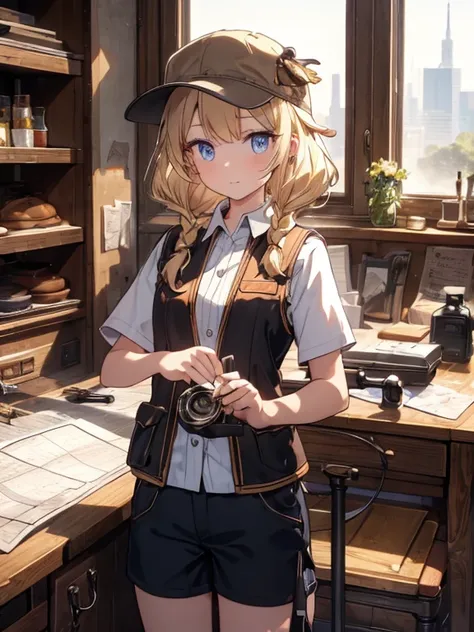 masterpiece, highest quality, Very detailed, 16k, Ultra-high resolution, Cowboy Shot, One  girl, Detailed face, Perfect Fingers, Golden Eyes, Blonde, Braid, A vest with many pockets, Shorts, Exploring knife, Safari Hat, compass, telescope, map, A cluttered...