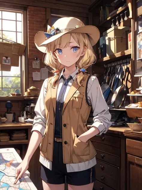 masterpiece, highest quality, Very detailed, 16k, Ultra-high resolution, Cowboy Shot, One  girl, Detailed face, Perfect Fingers, Golden Eyes, Blonde, Braid, A vest with many pockets, Shorts, Exploring knife, Safari Hat, compass, telescope, map, A cluttered...